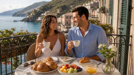 Ein Paar frühstückt auf einem Balkon mit Blick aufs Meer